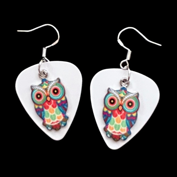 Handcrafted Earrings Repurposed Guitar Picks Wise is the Owl Silver Plate Wires - Picture 3 of 10